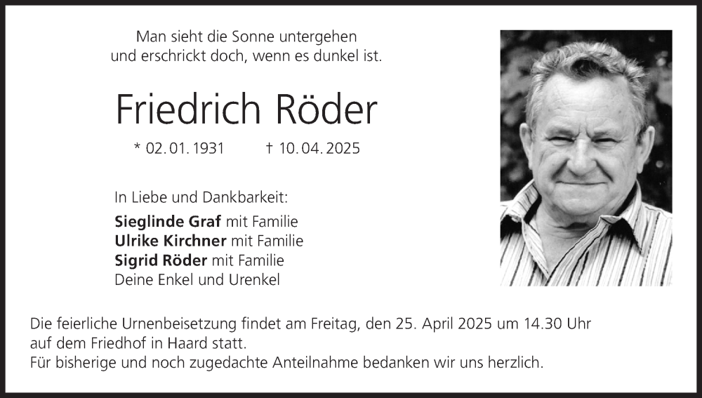  Traueranzeige für Friedrich Röder vom 19.04.2025 aus MGO