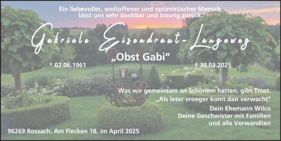 Anzeige von Gabriele  Eisendraut-Langeweg von MGO