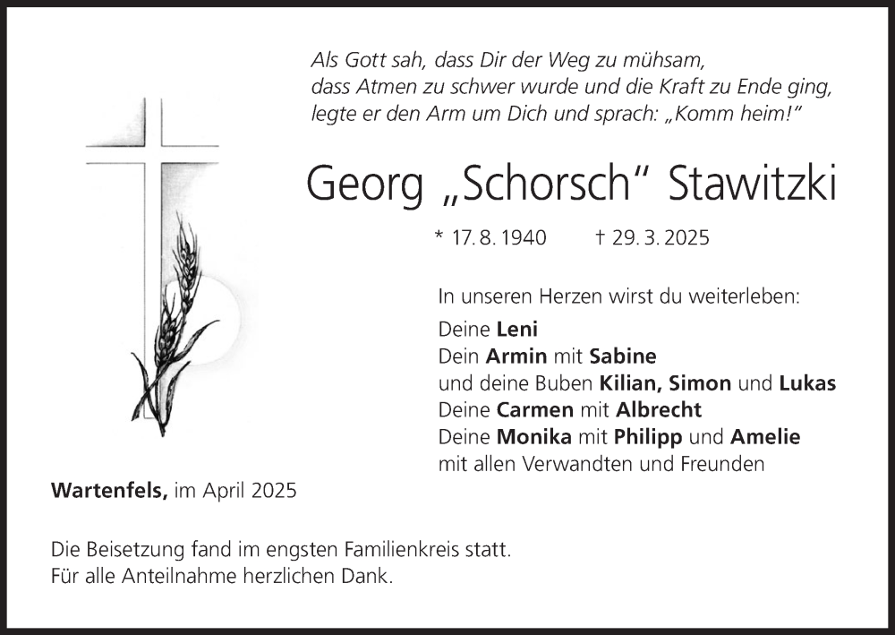  Traueranzeige für Georg Stawitzki vom 26.04.2025 aus MGO