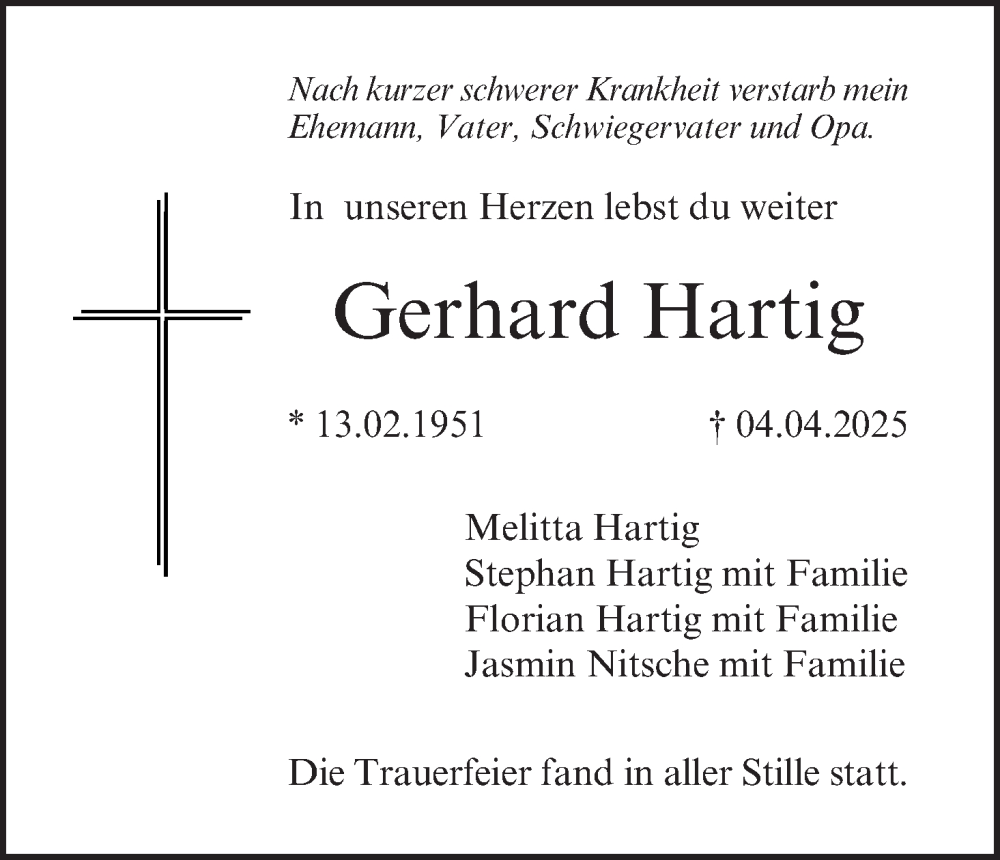  Traueranzeige für Gerhard Hartig vom 26.04.2025 aus MGO