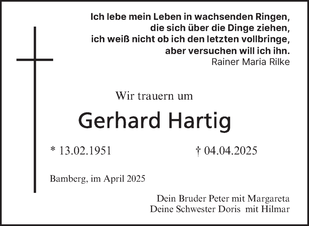  Traueranzeige für Gerhard Hartig vom 26.04.2025 aus MGO