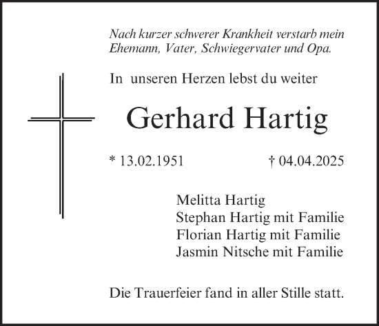 Anzeige von Gerhard Hartig von MGO