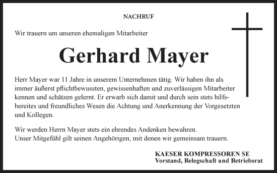 Anzeige von Gerhard Mayer von MGO