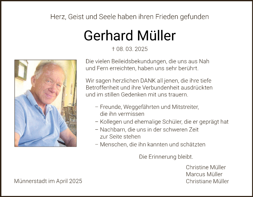  Traueranzeige für Gerhard Müller vom 12.04.2025 aus MGO