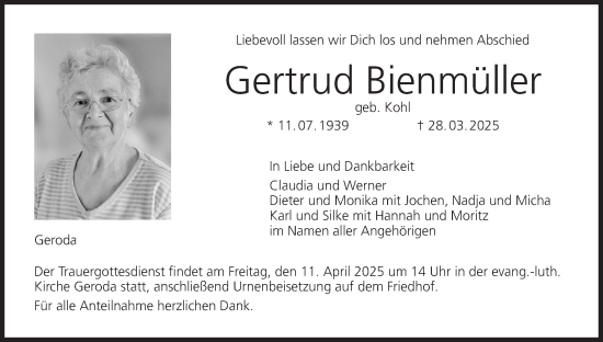 Anzeige von Gertrud Bienmüller von MGO