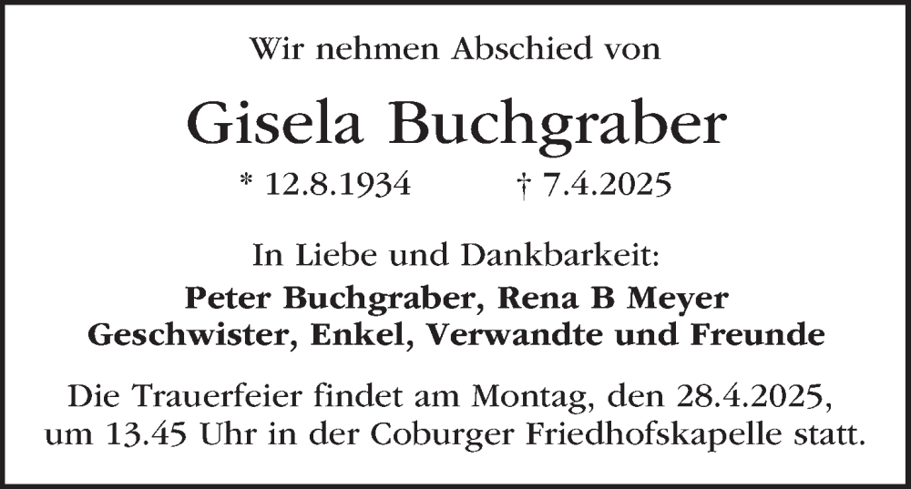  Traueranzeige für Gisela Buchgraber vom 12.04.2025 aus MGO
