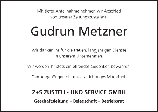 Anzeige von Gudrun Metzner von MGO