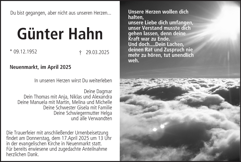 Traueranzeige für GÃƒÂ¼nter Hahn vom 12.04.2025 aus MGO