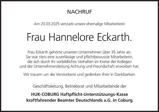 Anzeige von Hannelore Eckarth von MGO