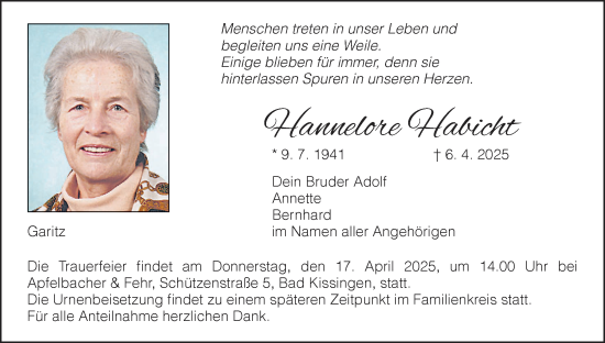 Anzeige von Hannelore Habicht von MGO