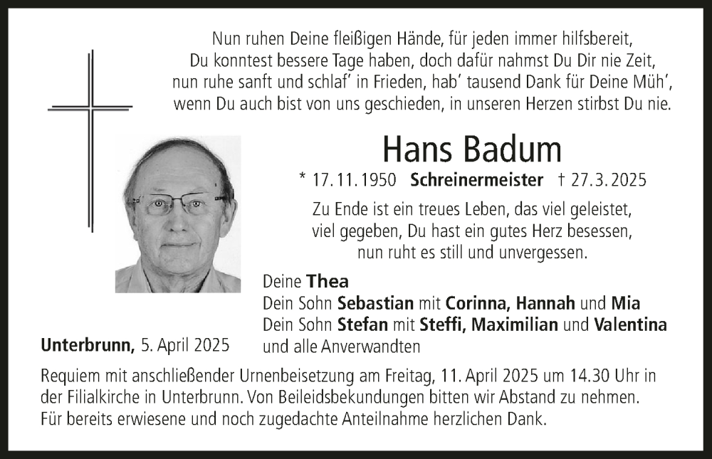  Traueranzeige für Hans Badum vom 05.04.2025 aus MGO