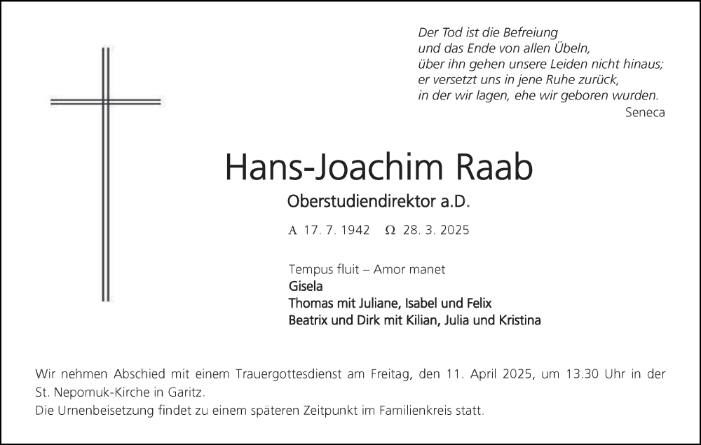  Traueranzeige für Hans-Joachim Raab vom 05.04.2025 aus MGO