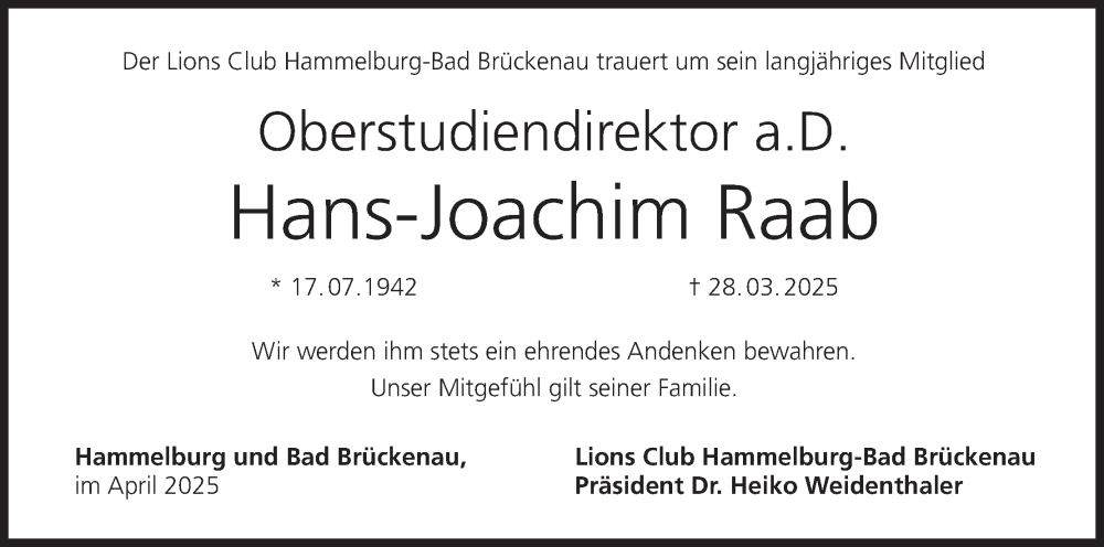  Traueranzeige für Hans-Joachim Raab vom 10.04.2025 aus MGO