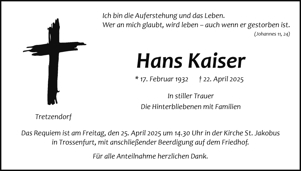  Traueranzeige für Hans Kaiser vom 24.04.2025 aus MGO