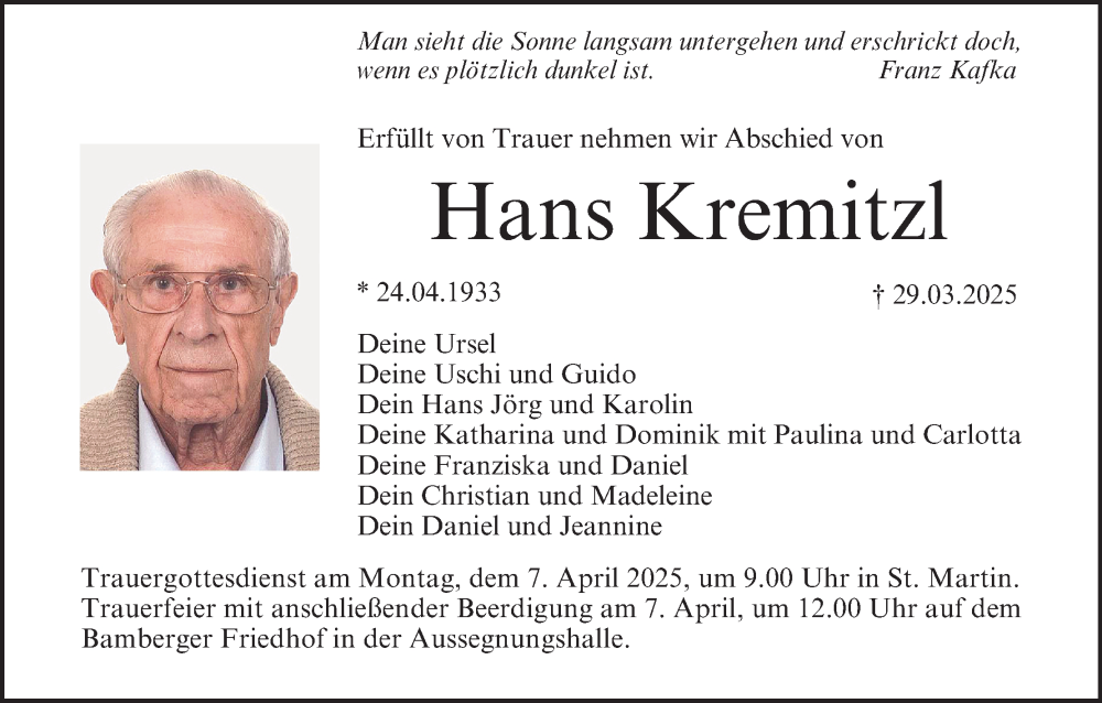  Traueranzeige für Hans Kremitzl vom 02.04.2025 aus MGO