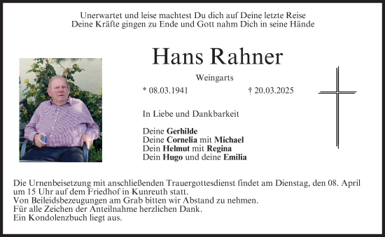 Anzeige von Hans Rahner von MGO