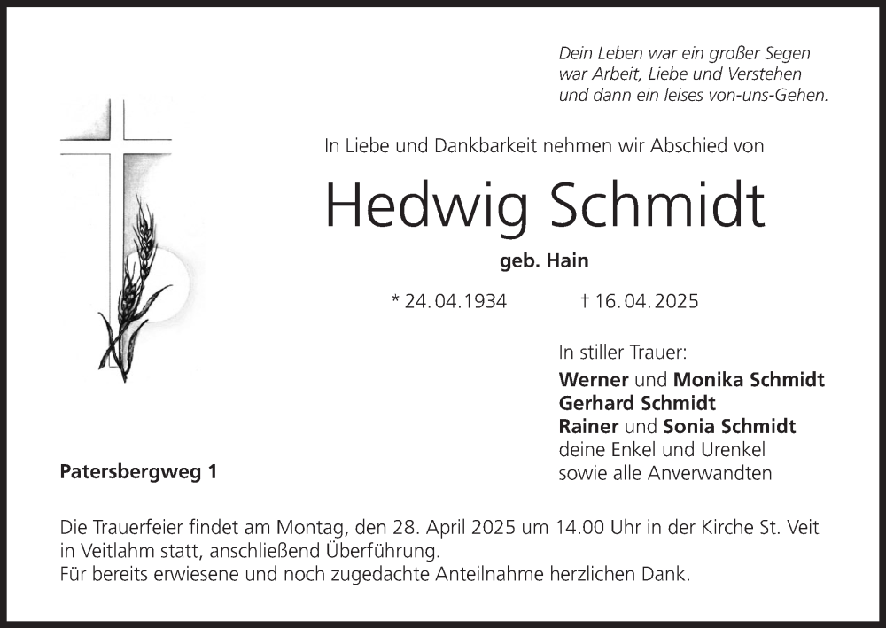  Traueranzeige für Hedwig Schmidt vom 24.04.2025 aus MGO
