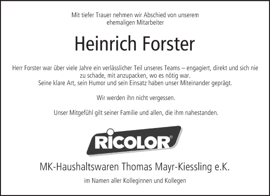 Anzeige von Heinrich Forster von MGO