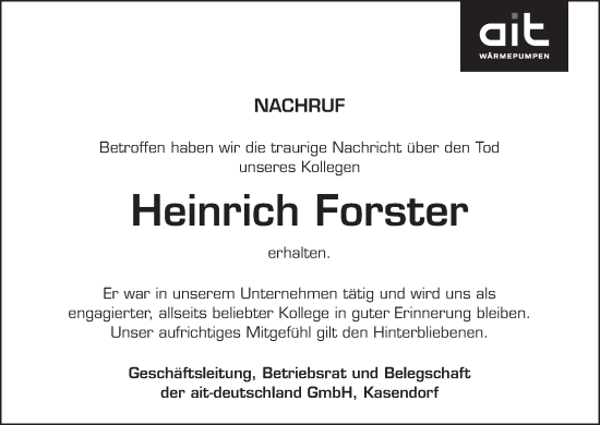 Anzeige von Heinrich Forster von MGO