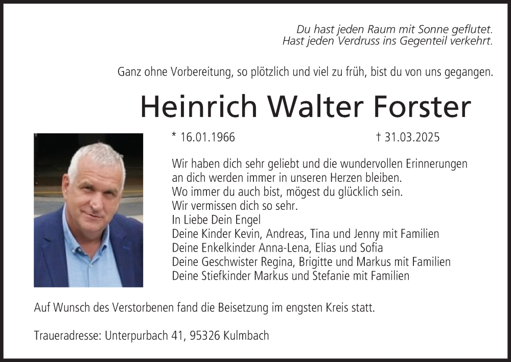  Traueranzeige für Heinrich Walter Forster vom 26.04.2025 aus MGO