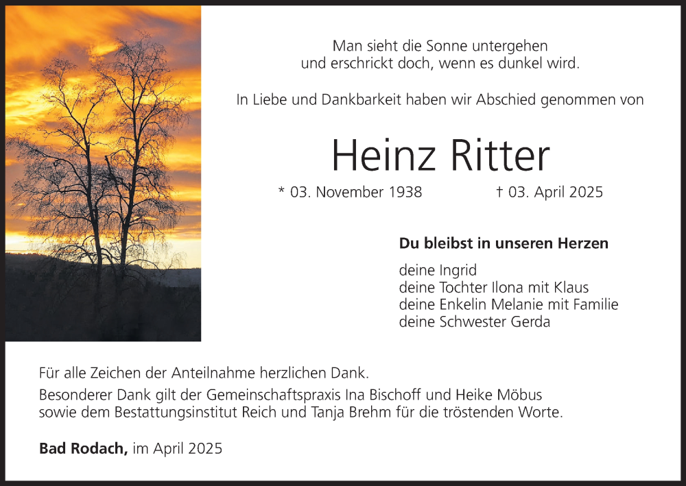  Traueranzeige für Heinz Ritter vom 12.04.2025 aus MGO