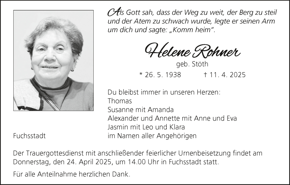  Traueranzeige für Helene Rohner vom 19.04.2025 aus MGO