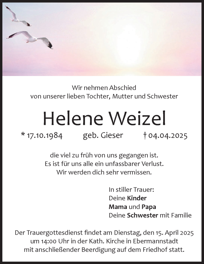  Traueranzeige für Helene Weizel vom 12.04.2025 aus MGO