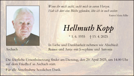 Anzeige von Hellmuth Kopp von MGO