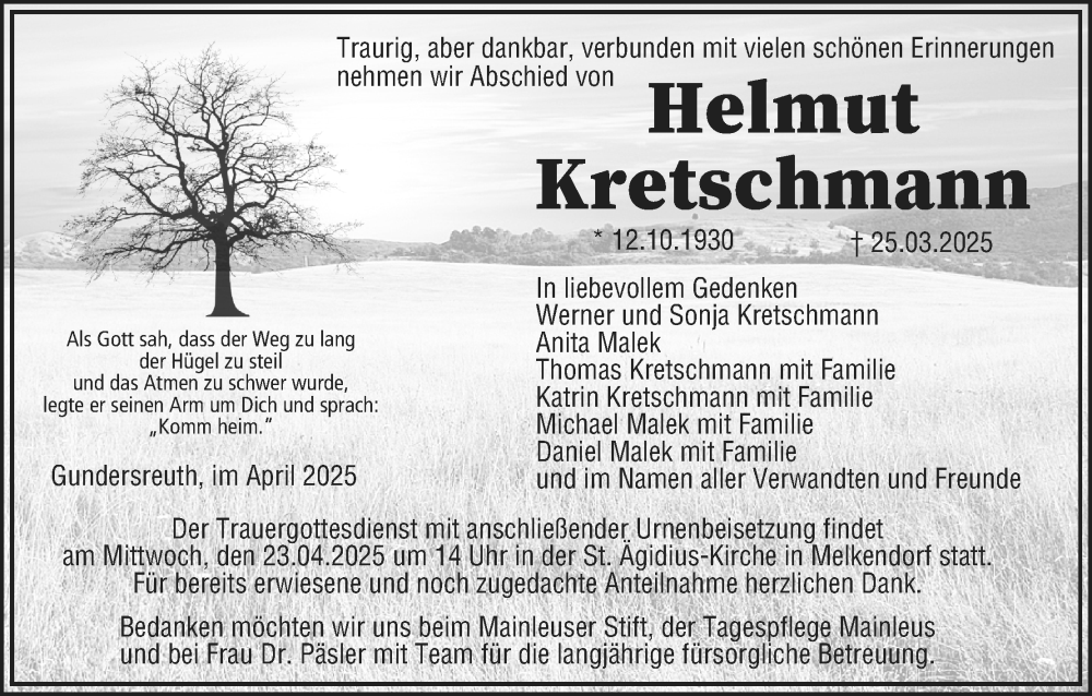  Traueranzeige für Helmut Kretschmann vom 19.04.2025 aus MGO