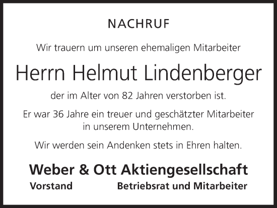 Anzeige von Helmut Lindenberger von MGO