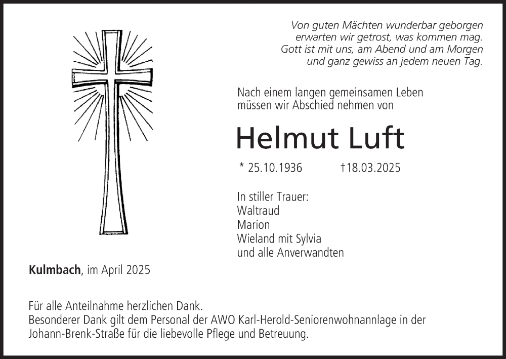  Traueranzeige für Helmut Luft vom 12.04.2025 aus MGO