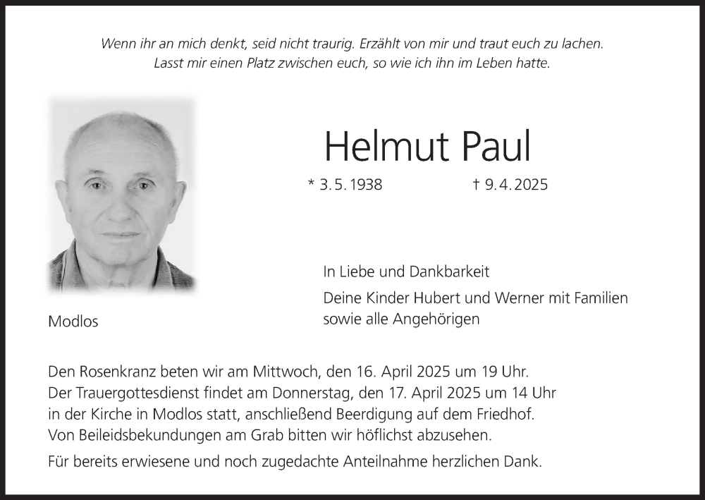  Traueranzeige für Helmut Paul vom 12.04.2025 aus MGO