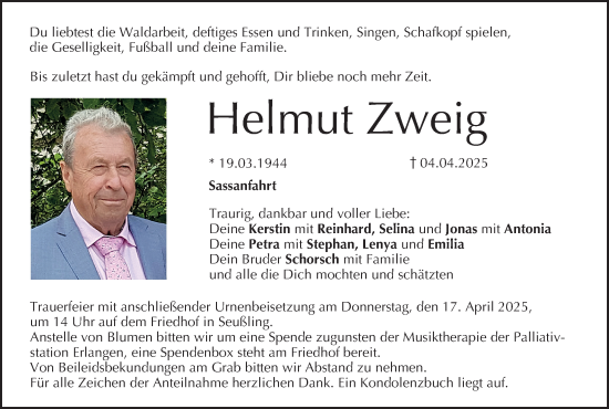 Anzeige von Helmut Zweig von MGO