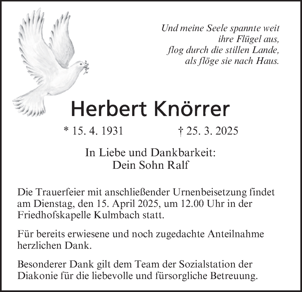 Traueranzeige für Herbert Knörrer vom 12.04.2025 aus MGO