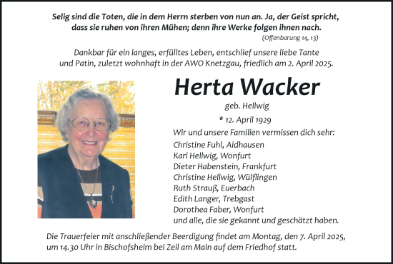 Anzeige von Herta Wacker von MGO