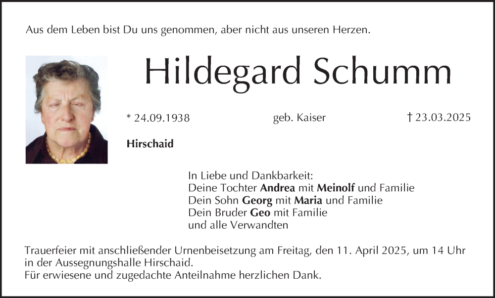  Traueranzeige für Hildegard Schumm vom 05.04.2025 aus MGO