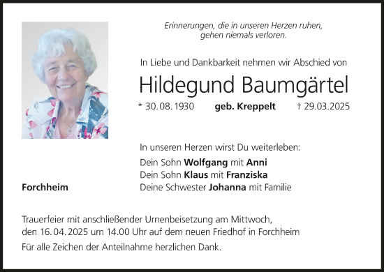Anzeige von Hildegund Baumgärtel von MGO