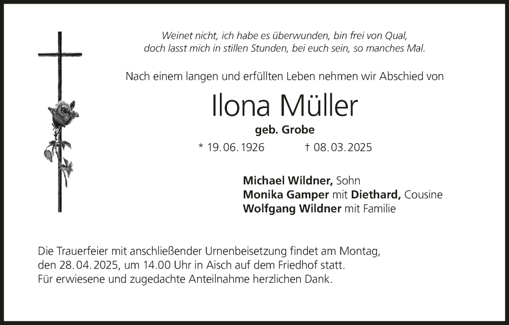  Traueranzeige für Ilona Müller vom 24.04.2025 aus MGO