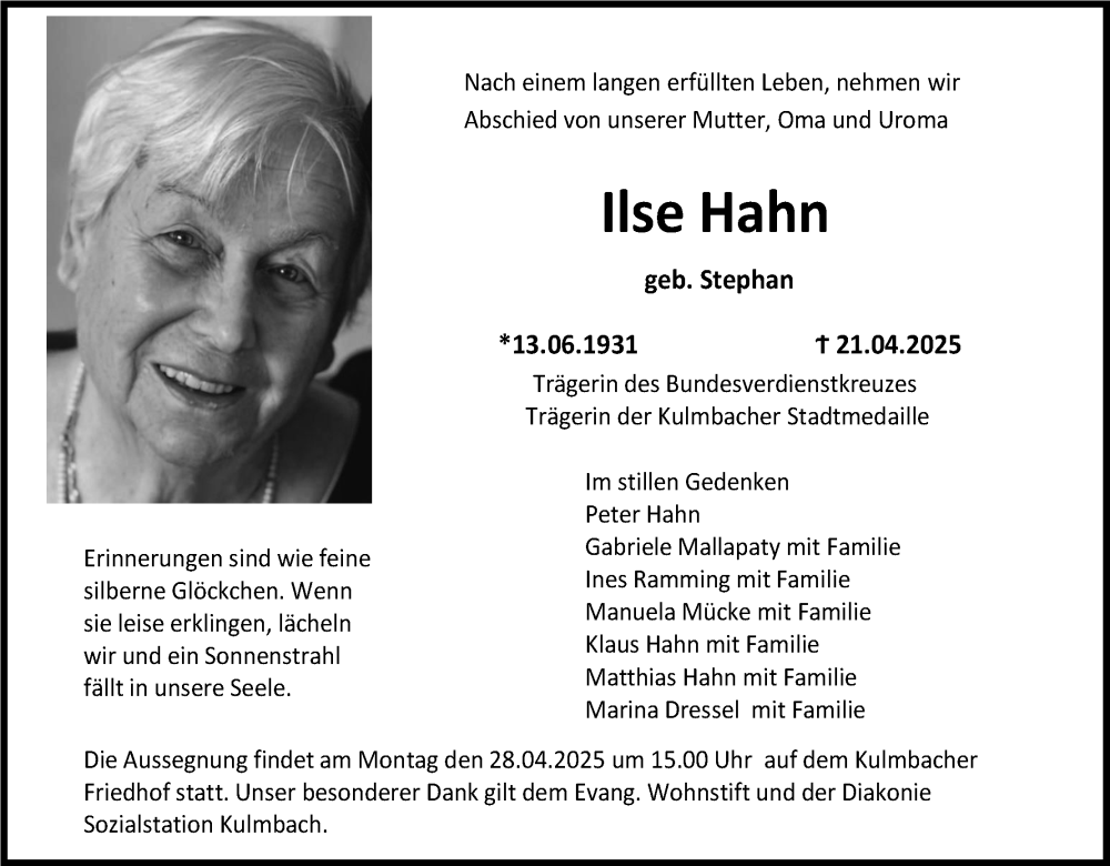  Traueranzeige für Ilse Hahn vom 26.04.2025 aus MGO