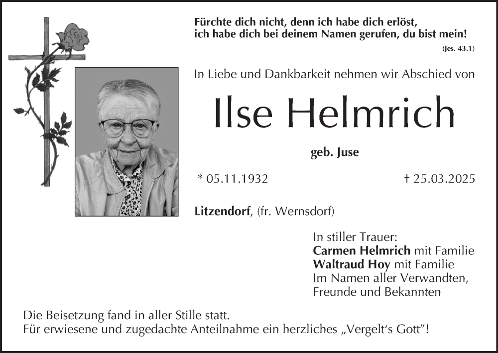  Traueranzeige für Ilse Helmrich vom 19.04.2025 aus MGO