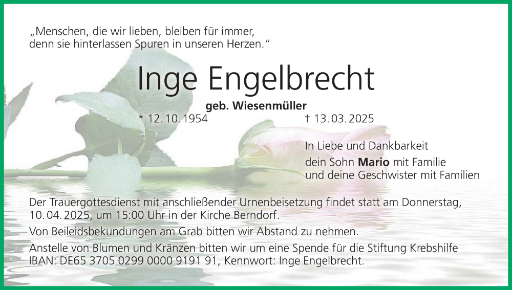  Traueranzeige für Inge Engelbrecht vom 05.04.2025 aus MGO