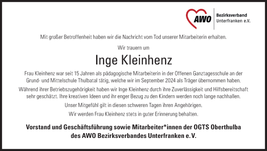 Anzeige von Inge Kleinhenz von MGO