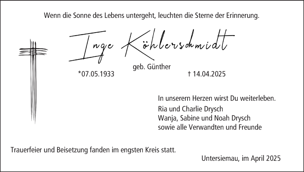  Traueranzeige für Inge Köhlerschmidt vom 26.04.2025 aus MGO