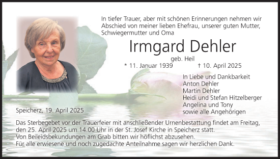 Anzeige von Irmgard Dehler von MGO