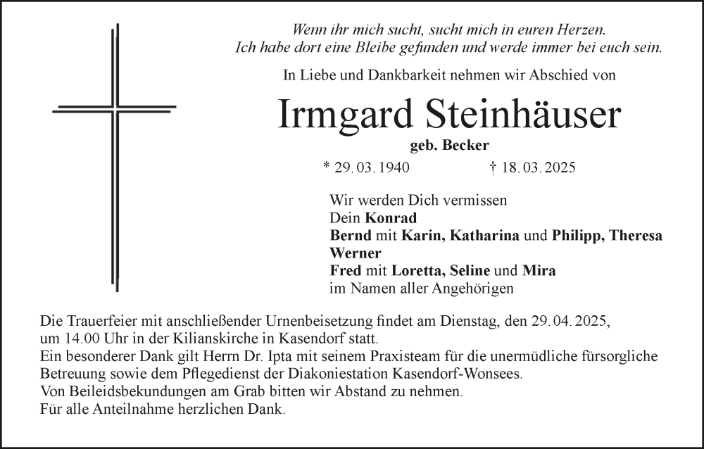  Traueranzeige für Irmgard Steinhäuser vom 26.04.2025 aus MGO