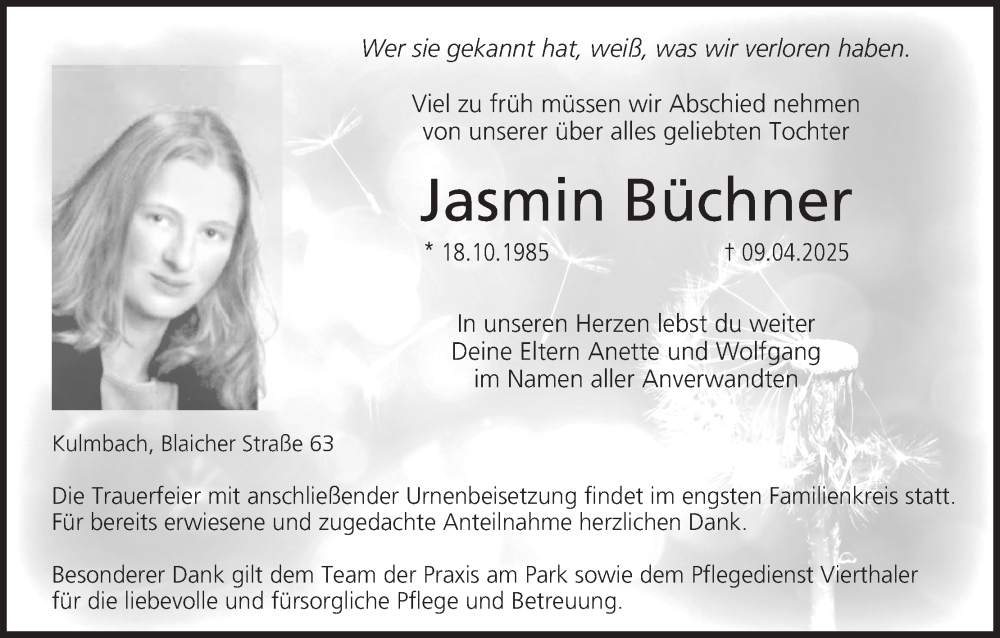  Traueranzeige für Jasmin Büchner vom 19.04.2025 aus MGO