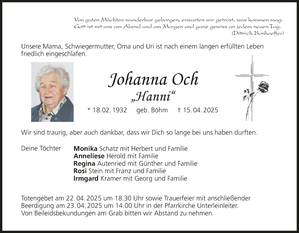  Traueranzeige für Johanna Och vom 19.04.2025 aus MGO