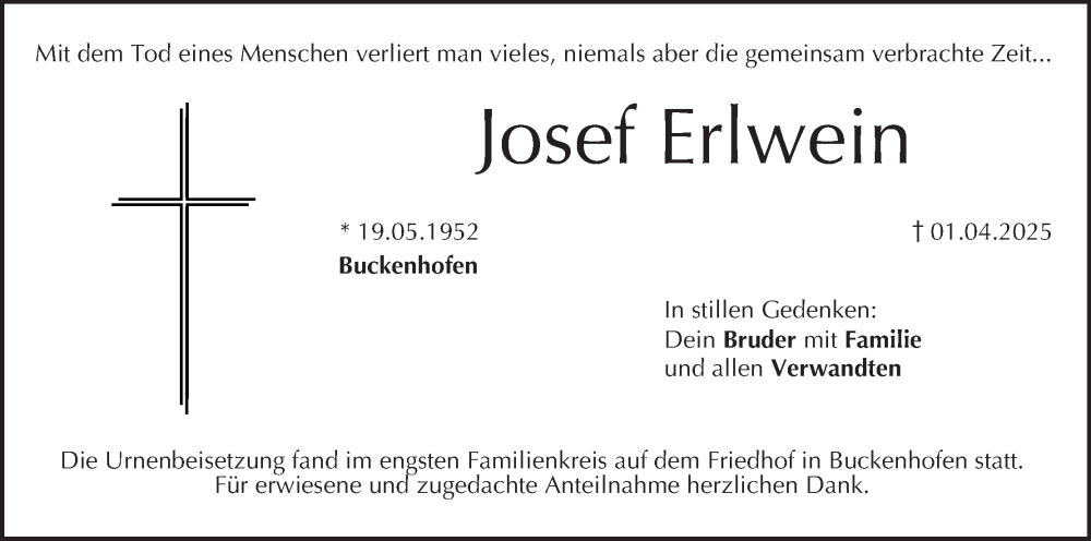  Traueranzeige für Josef Erlwein vom 26.04.2025 aus MGO