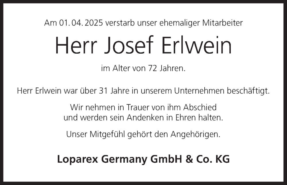  Traueranzeige für Josef Erlwein vom 26.04.2025 aus MGO