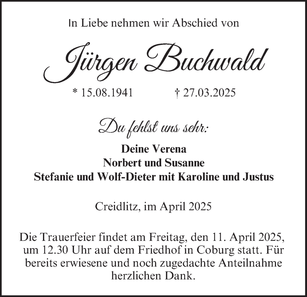  Traueranzeige für Jürgen Buchwald vom 05.04.2025 aus MGO
